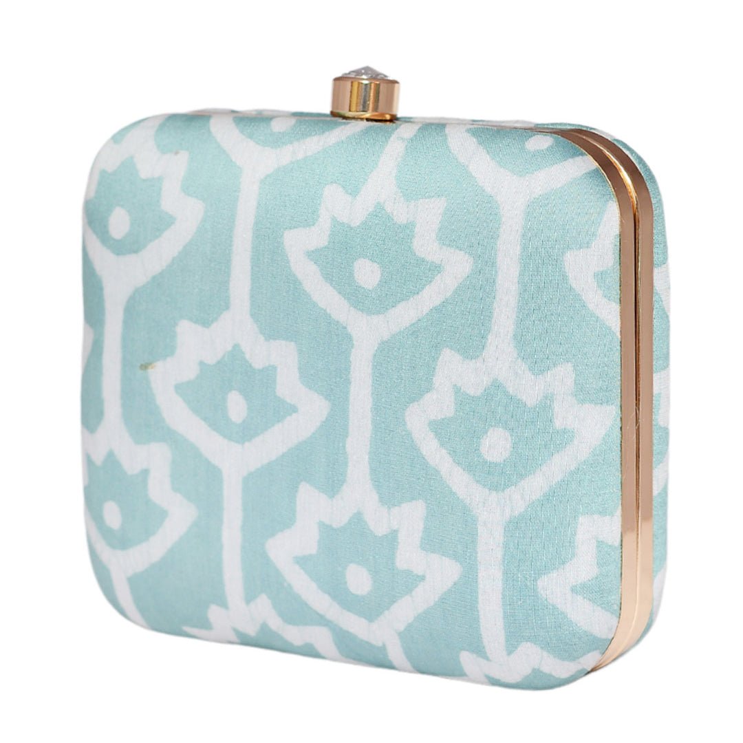 Teal Blue Fabric Printed Clutch