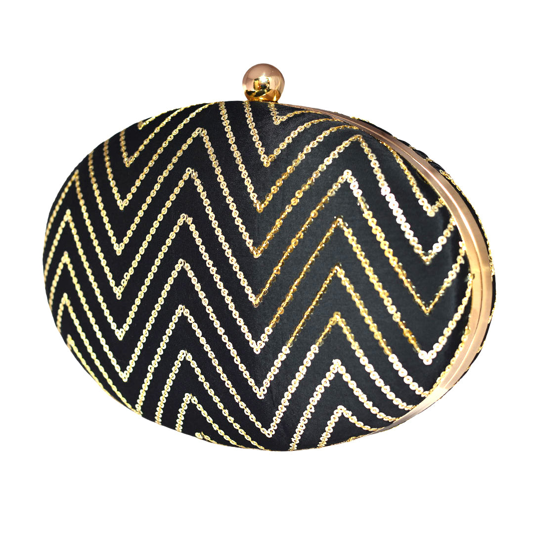 Black Embroidered Oval Clutch