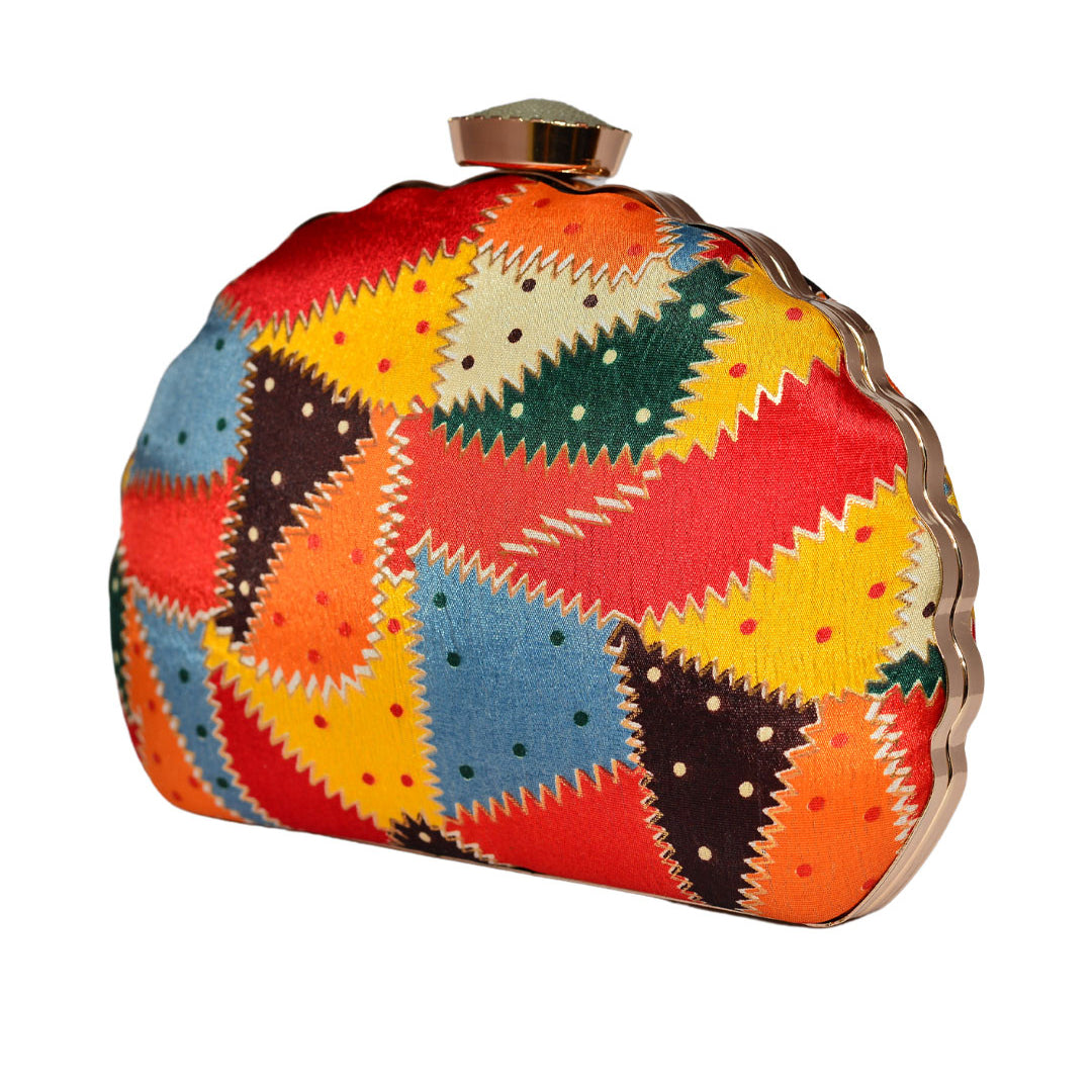 Multicolor Patterned Moon Clutch