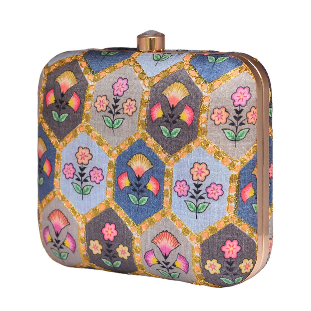Grey-Blue Floral Clutch