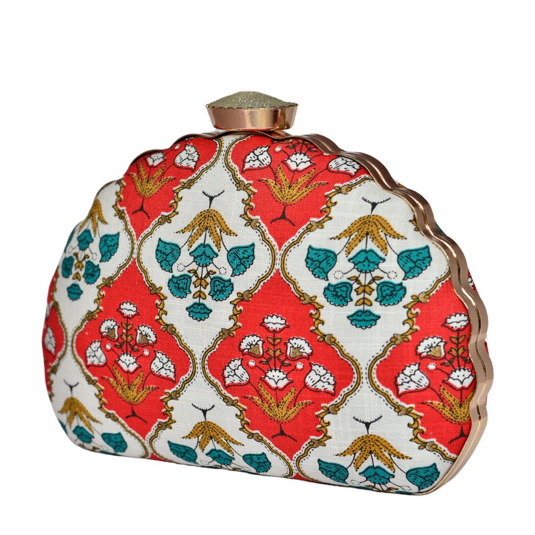 White-Red Embroidered Moon Clutch