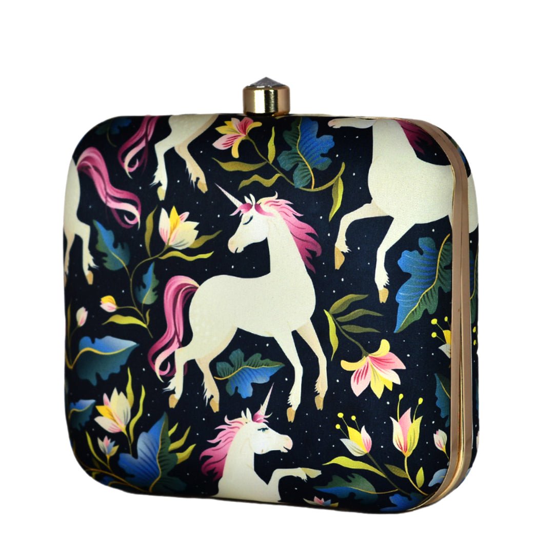 Unicorn Printed Black Clutch