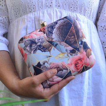 Artklim Grey and Pink Rose Printed Clutch