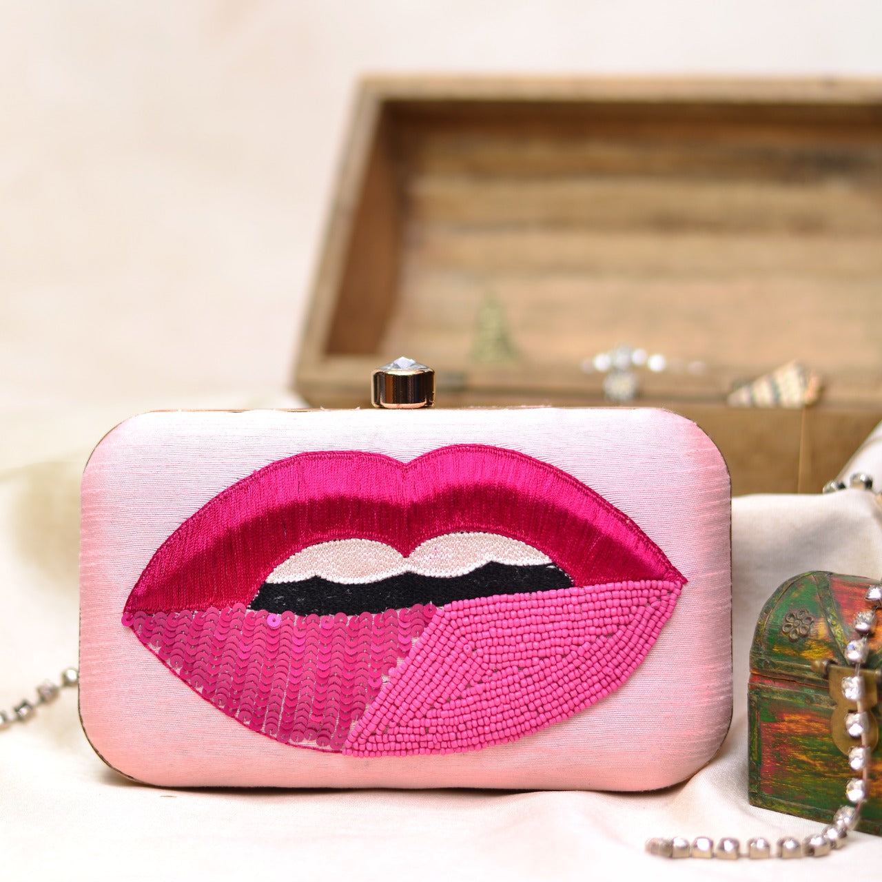 Pink Lips Embroidery Clutch