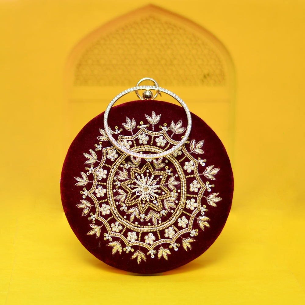 Bridal Maroon Embroidery Clutch Bag