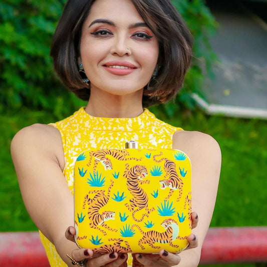 Artklim Tiger Printed Yellow Clutch